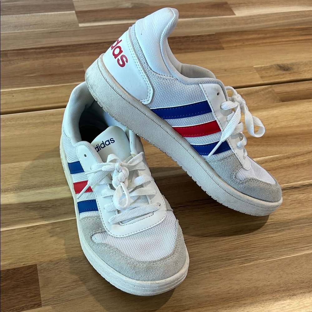 Adidas White Sneakers with Blue and Red Accents